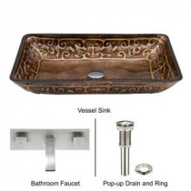 Rectangular Glass Vessel Sink in Golden Greek with Wall-Mount Faucet Set in Brushed Nickel
