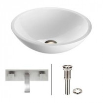Flat Edged Stone Glass Vessel Sink in White Phoenix with Wall-Mount Faucet Set in Brushed Nickel