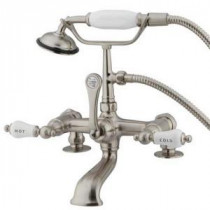 3-Handle Deck-Mount Claw Foot Tub Faucet with Hand Shower in Satin Nickel
