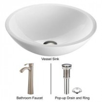 Flat Edged Stone Glass Vessel Sink in White Phoenix and Faucet in Brushed Nickel