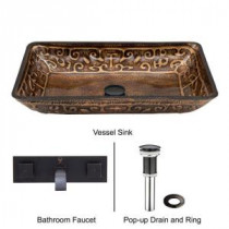 Rectangular Glass Vessel Sink in Golden Greek with Wall-Mount Faucet Set in Antique Rubbed Bronze