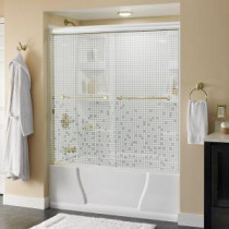 Crestfield 59-3/8 in. x 56-1/2 in. Semi-Frameless Sliding Tub Door in White with Brass Handle and Mozaic Glass