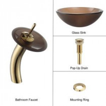 Glass Bathroom Sink in Frosted Brown with Single Hole 1-Handle Low-Arc Waterfall Faucet in Gold