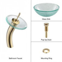 Glass Bathroom Sink in Broken with Single Hole 1-Handle Low Arc Waterfall Faucet in Gold