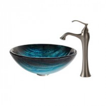 Ladon Glass Vessel Sink in Multicolor and Ventus Faucet in Brushed Nickel
