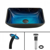 Rectangular Glass Vessel Sink in Turquoise Water with Waterfall Faucet Set in Matte Black