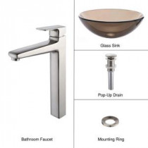 Vessel Sink in Clear Glass Brown with Virtus Faucet in Brushed Nickel