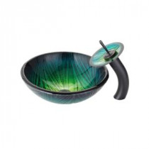 Nei Glass Vessel Sink in Multicolor and Waterfall Faucet in Oil Rubbed Bronze