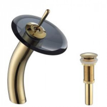 Single Hole 1-Handle Low-Arc Vessel Glass Waterfall Faucet in Gold with Glass Disk in Clear Black