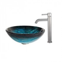 Ladon Glass Vessel Sink in Multicolor and Ramus Faucet in Satin Nickel