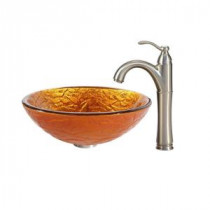 Blaze Glass Vessel Sink in Multicolor and Riviera Faucet in Satin Nickel