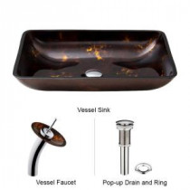 Rectangular Glass Vessel Sink in Brown and Gold Fusion with Waterfall Faucet Set in Chrome
