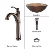 Glass Vessel Sink in Frosted Brown with Single Hole 1-Handle High-Arc Riviera Faucet in Oil Rubbed Bronze