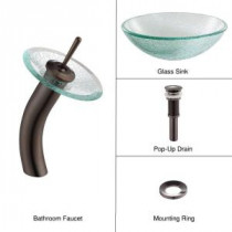 Glass Bathroom Sink with Single Hole 1-Handle Low Arc Waterfall Faucet in Oil Rubbed Bronze