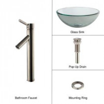 Glass Vessel Sink in Clear with Single Hole 1-Handle High-Arc Sheven Faucet in Satin Nickel
