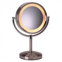 8-1/2 in. x 15 in. Round Lighted 5X Magnification Pedestal Makeup Mirror in Nickel