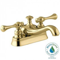 Revival 4 in. Centerset 2-Handle Low-Arc Bathroom Faucet in Vibrant Polished Brass with Traditional Lever Handle