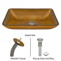 Rectangular Glass Vessel Sink in Copper with Waterfall Faucet Set in Brushed Nickel