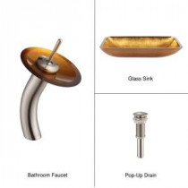 Rectangular Glass Bathroom Sink in Golden Pearl with Single Hole 1-Handle Low Arc Waterfall Faucet in Satin Nickel