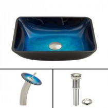 Rectangular Glass Vessel Sink in Turquoise Water with Waterfall Faucet Set in Brushed Nickel