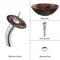 Glass Bathroom Sink in Copper Illusion with Single Hole 1-Handle Low Arc Waterfall Faucet in Chrome