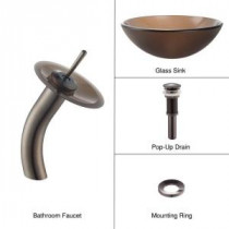 Glass Bathroom Sink in Frosted Brown with Single Hole 1-Handle Low-Arc Waterfall Faucet in Oil Rubbed Bronze