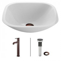 Square Shaped Phoenix Stone Glass Vessel Sink in White with Faucet in Oil Rubbed Bronze