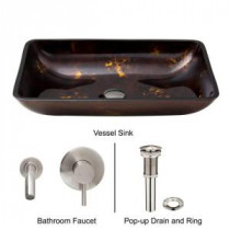 Rectangular Glass Vessel Sink in Brown/Gold Fusion with Wall-Mount Faucet Set in Brushed Nickel