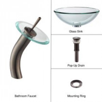 19 mm Thick Glass Bathroom Sink in Clear with Single Hole 1-Handle Low-Arc Waterfall Faucet in Oil Rubbed Bronze