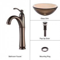 Glass Vessel Sink in Clear Brown with Single Hole 1-Handle High-Arc Riviera Faucet in Oil Rubbed Bronze