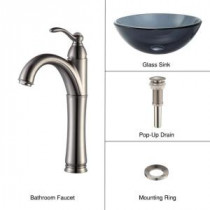Vessel Sink in Clear Glass Black with Single Hole 1-Handle High Arc Riviera Faucet in Satin Nickel