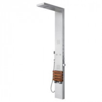 Oahu 4-Jet Shower System with Folding Teak Seat and Matte Stainless Steel Panel with Polished Chrome Fixtures