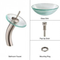 Glass Bathroom Sink with Single Hole 1-Handle Low Arc Waterfall Faucet in Satin Nickel