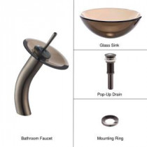 Glass Bathroom Sink in Clear Brown with Single Hole 1-Handle Low-Arc Waterfall Faucet in Oil Rubbed Bronze