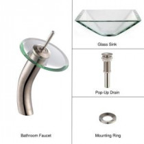 Glass Bathroom Sink in Clear Aquamarine with Single Hole 1-Handle Low Arc Waterfall Faucet in Satin Nickel