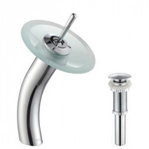 Single Hole 1-Handle Low-Arc Vessel Glass Waterfall Faucet in Chrome with Glass Disk in Frosted