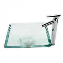 Vessel Sink in Clear Glass Aquamarine with Decus Faucet in Chrome