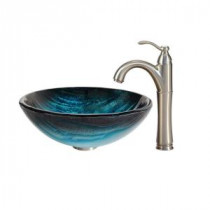Ladon Glass Vessel Sink in Multicolor and Riviera Faucet in Satin Nickel