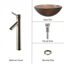 Glass Vessel Sink in Frosted Brown with Single Hole 1-Handle High-Arc Sheven Faucet in Satin Nickel