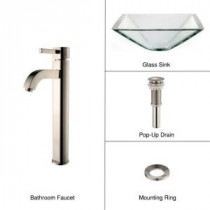 Vessel Sink in Clear Glass Aquamarine with Single Hole 1-Handle High Arc Ramus Faucet in Satin Nickel