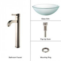Glass Vessel Sink in Frosted with Single Hole 1-Handle High-Arc Ramus Faucet in Satin Nickel