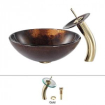 Pluto Glass Vessel Sink and Waterfall Faucet in Gold