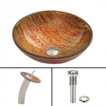 Glass Vessel Sink in Blazing Fire and Waterfall Faucet Set in Brushed Nickel