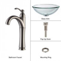 19 mm Thick Glass Vessel Sink in Clear with Single Hole 1-Handle High-Arc Riviera Faucet in Satin Nickel