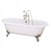 5 ft. 7 in. Cast Iron Dual Tub Less Faucet Holes in White with Imperial Feet in Satin Nickel