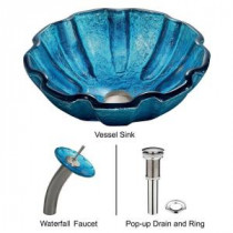 Glass Vessel Sink in Mediterranean Seashell with Waterfall Faucet Set in Brushed Nickel