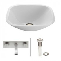 Square Shaped Stone Glass Vessel Sink in White Phoenix with Wall-Mount Faucet Set in Brushed Nickel