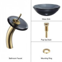 Glass Bathroom Sink in Clear Black with Single Hole 1-Handle Low Arc Waterfall Faucet in Gold