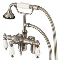 3-Handle Claw Foot Tub Faucet with Labeled Porcelain Lever Handles and Hand Shower in Brushed Nickel