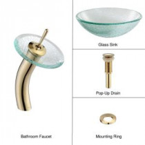 Glass Bathroom Sink with Single Hole 1-Handle Low Arc Waterfall Faucet in Gold